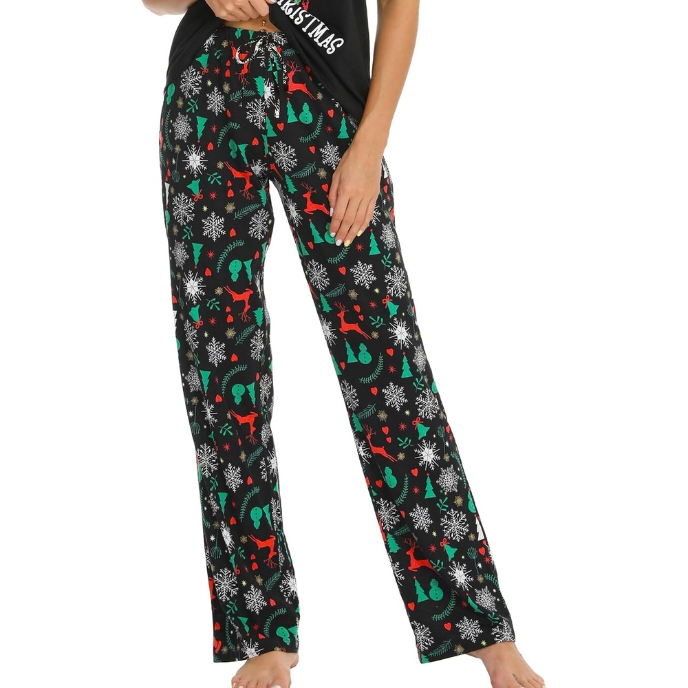 image:imageENJOYNIGHT Women Cotton Lounge Pants Comfy Pajama Bottoms With PocketsBlack Xmas
