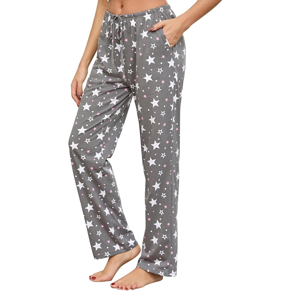image:imageENJOYNIGHT Women Cotton Lounge Pants Comfy Pajama Bottoms With PocketsWhite Star