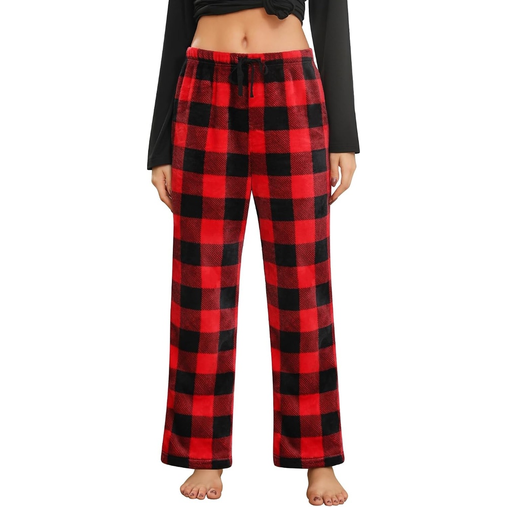 image:imageENJOYNIGHT Women Fleece Pajama Pant Fluffy Sleep Bottoms Plush Lounge PjsRed Lattice
