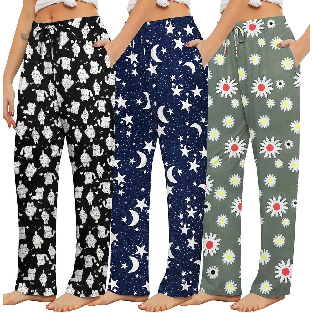 image:imageENJOYNIGHT Womens Pajama Pants Long 3 Pack Sleep Pj Bottom with PocketsCatblstarflower