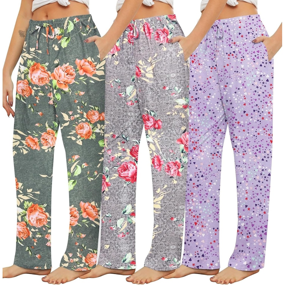 image:imageENJOYNIGHT Womens Pajama Pants Long 3 Pack Sleep Pj Bottom with PocketsGreydgflowerpu